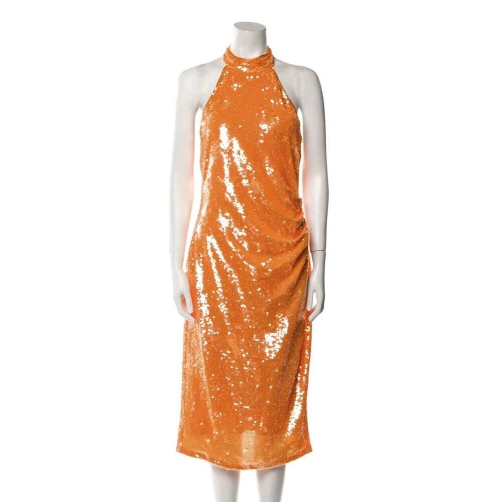 Caroline Constas Orange Sequin Halter Midi Dress